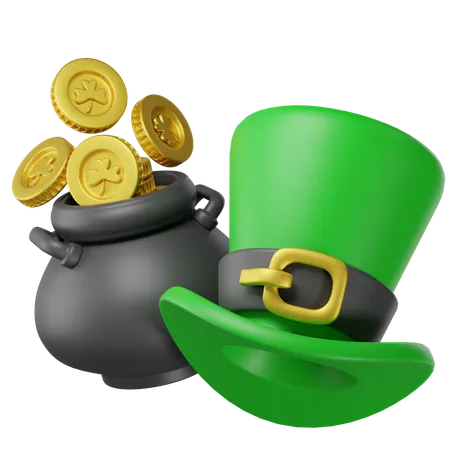 Saint Patricks Hat And Pot Of Coins 3D Illustration