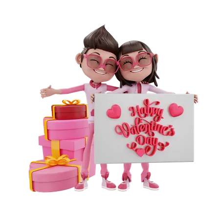 Couple de Saint-Valentin avec des cadeaux  3D Illustration