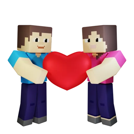 Couple Saint-Valentin tenant coeur avec amour romantique  3D Illustration