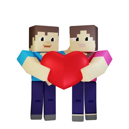 Couple Saint-Valentin tenant coeur avec amour romantique  3D Illustration