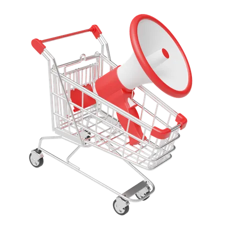 3 D Shop Trolley Icon White Shopping Cart With Red Megaphone Float Isolated On Blue Copy Space Background Digital Market Online E Commerce Concept Sale Promotion Business Cartoon Style 3 D Render 3D Icon