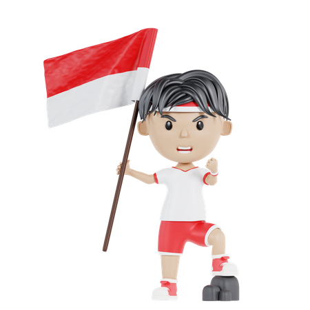 Hombre indonesio salido sosteniendo la bandera indonesia  3D Illustration