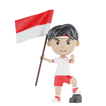 Hombre indonesio salido sosteniendo la bandera indonesia  3D Illustration