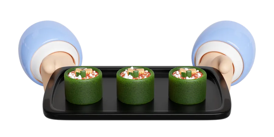 3 D Hand Hold Salmon Onigiri Sushi On Food Tray Japanese Food Isolated Concept 3 D Render Illustration 3D Icon
