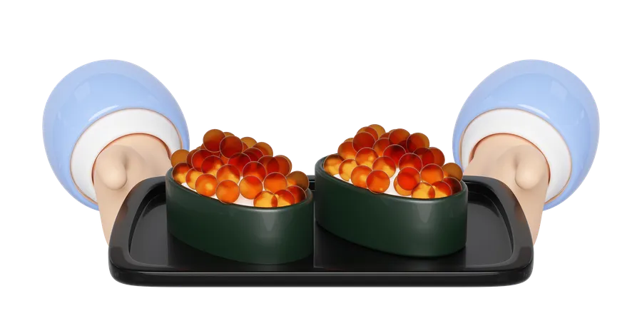 3 D Hand Hold Rolled Sushi Of Salmon Roe Nigiri On Food Tray Japanese Food Isolated Concept 3 D Render Illustration 3D Icon