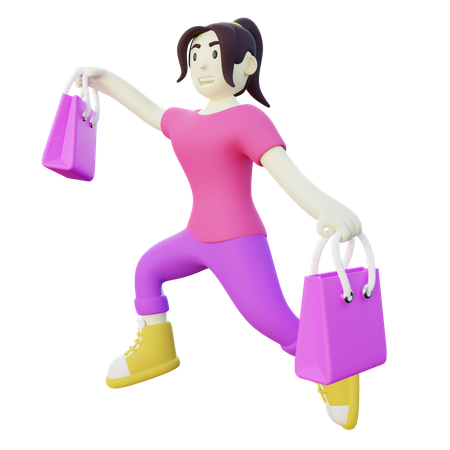 Mujer feliz saltando después de ir de compras  3D Illustration