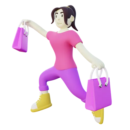 Mujer feliz saltando después de ir de compras  3D Illustration