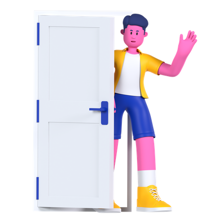 Saludar detrás de la puerta  3D Illustration