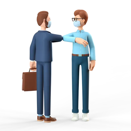 Dos Hombres De Negocios Con Mascaras Protectoras Saludan Con Codos Ilustracion 3 D De Los Saludos Seguros Durante La Pandemia 3D Illustration