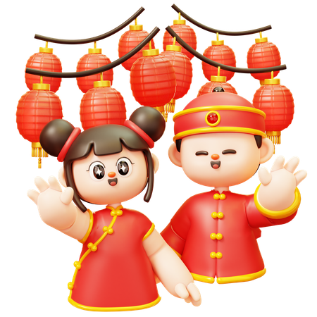 Niños chinos saludando frente a linternas  3D Illustration