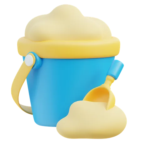 3 D Blue Sand Bucket With Yellow Rim And Shovel On Sandy Beach 3D Icon
