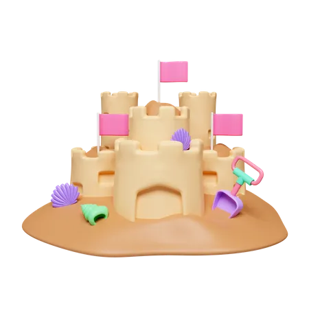 3 D Sand Castle Fort Or Fortress With Towers Shell And Flags Summer Vacation Travel Kids Children Leisure Fun Play Icon Isolated On White Background 3 D Rendering Illustration Clipping Path 3D Icon