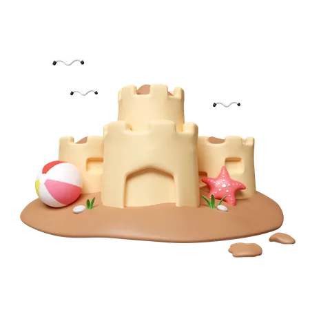 3 D Sand Castle Fort Or Fortress With Towers Starfish And Ball Summer Vacation Travel Kids Children Leisure Fun Play Icon Isolated On White Background 3 D Rendering Illustration Clipping Path 3D Icon