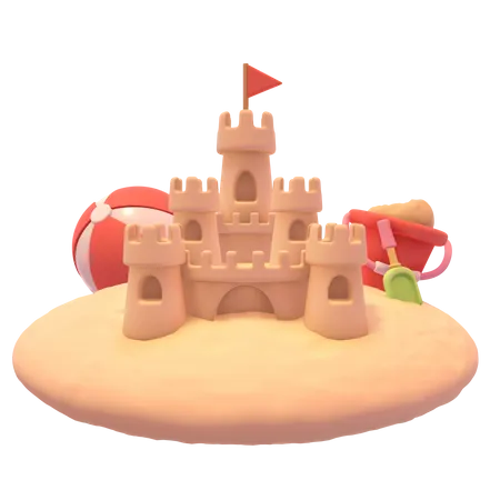 Explore Our 3 D Illustration Capturing The Essence Of Beach Sandcastle Fun Complete With A Playful Ball In The Background 3D Icon