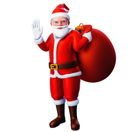 Santa saludando con la mano y sosteniendo una bolsa de regalo  3D Illustration