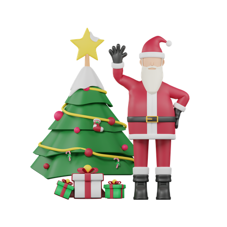 Santa and Christmas Tree 3D Illustration