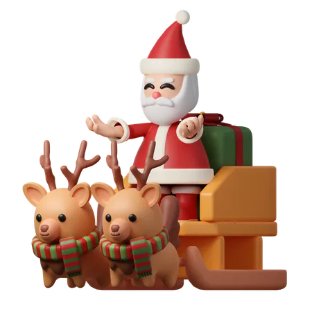 3 D Christmas Santa Claus Riding On Reindeer Sleigh Icon Minimal Decorative Festive Conical Shape Tree New Years Holiday Decor Icon Isolated On White Background 3 D Illustration 3D Icon