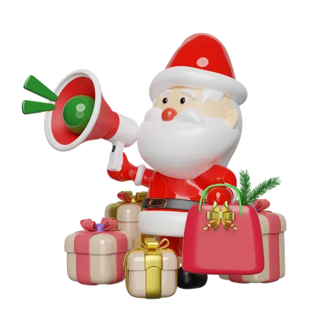 3 D Santa Claus With Shopping Paper Bags Gold Ribbon Pine Leaves Gift Box Megaphone Or Hand Speaker Announce Promotion News Merry Christmas And Happy New Year 3 D Render Illustration 3D Icon