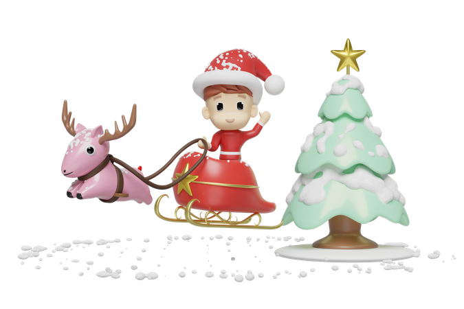 Santa Boy With Sleigh  3D Illustration