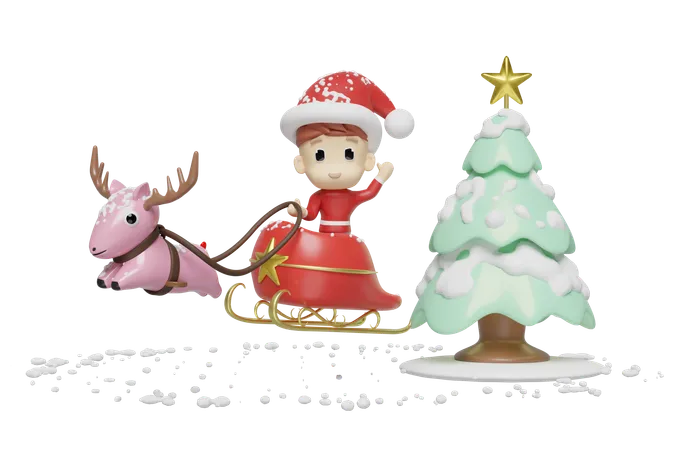 Santa Boy With Sleigh  3D Illustration