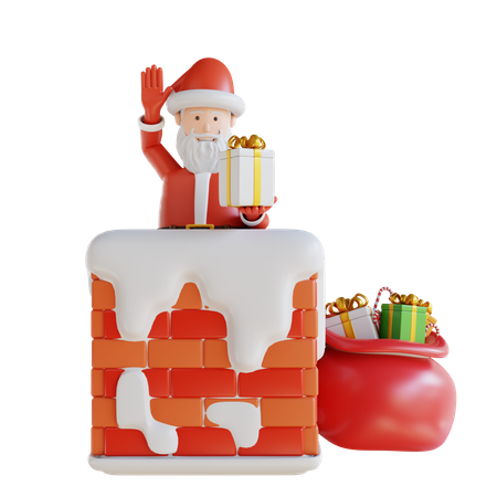 Santa Santa Brings A Gift Box In The Chimney  3D Illustration