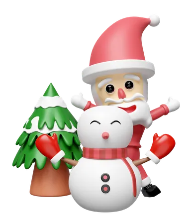 Santa Claus And Snowman With Christmas Tree Isolated Merry Christmas And Happy New Year 3 D Render Illustration 3D Icon
