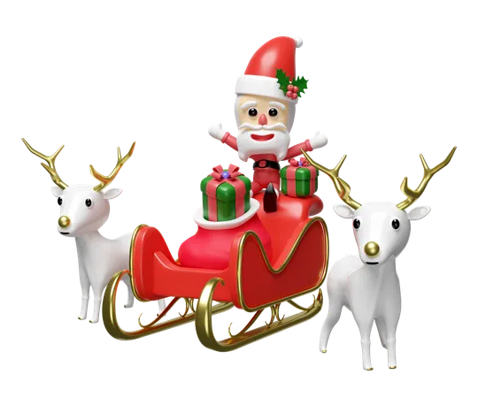 3 D Santa Claus With Reindeer Sleigh Gift Box Hat Bag Isolated Merry Christmas And Happy New Year 3 D Render Illustration 3D Illustration