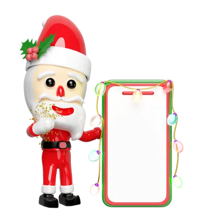 Santa Claus With Mobile Phone Smartphone Hat Holly Berry Leaves Glass Transparent Lamp Garlands Party Banner Merry Christmas And Happy New Year Online Shopping 3 D Render 3D Illustration