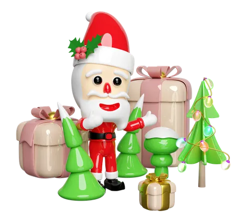 Santa Claus With Christmas Tree Holly Berry Leaves Gift Box Hat Merry Christmas And Happy New Year 3 D Render Illustration 3D Illustration