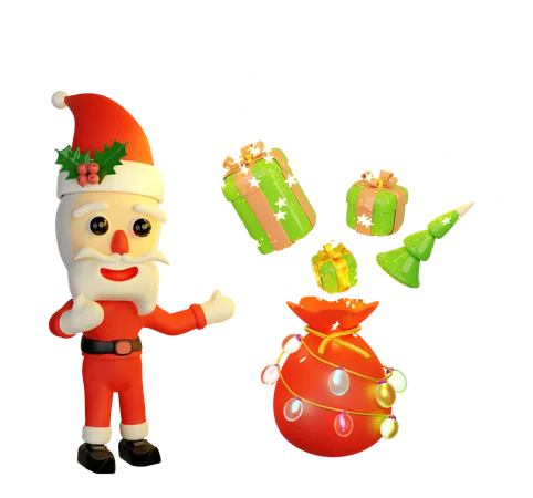 Santa Claus With Glowing Stars Magic Bag Christmas Tree Holly Berry Leaves Gift Box Hat Glass Transparent Lamp Garlands Merry Christmas And Happy New Year 3 D Render Illustration 3D Illustration