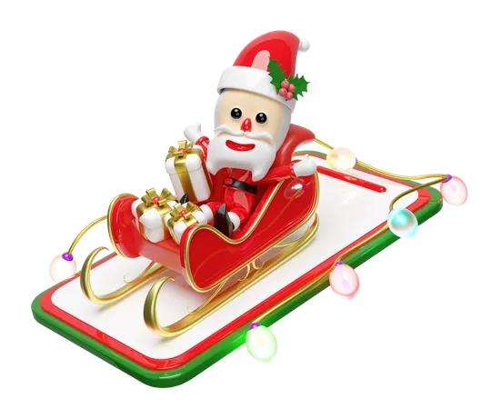 3 D Santa Claus With Sleigh Smartphone Hat Holly Berry Leaves Glass Transparent Lamp Garlands Gift Box Party Banner Merry Christmas And Happy New Year Online Shopping 3 D Render Illustration 3D Illustration