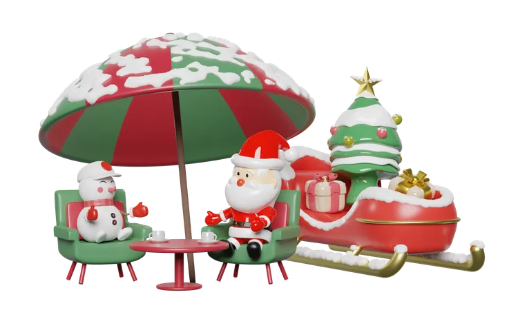 3 D Santa Claus With Snowman Christmas Tree Sofa Chair Umbrella Gift Box Merry Christmas And Happy New Year 3 D Illustration Render 3D Icon