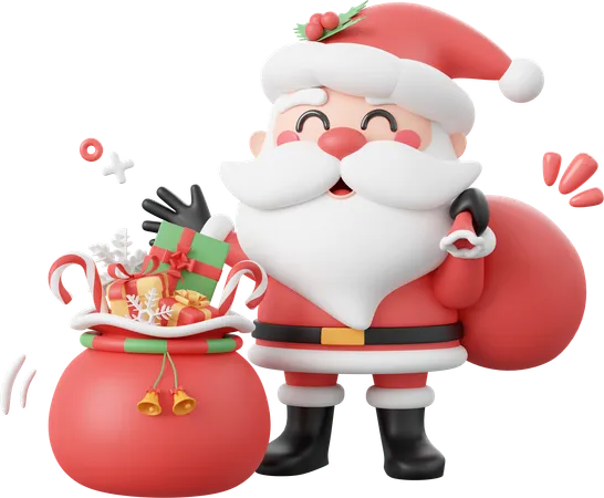 Cute Santa Claus With Christmas Gift Bag Christmas Theme Elements 3 D Illustration 3D Icon