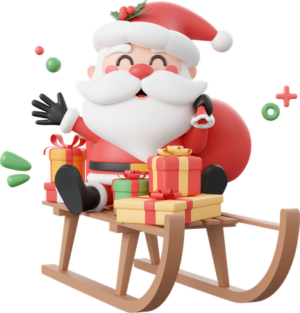 Santa Claus And Christmas Gift On Sleigh  3D Icon