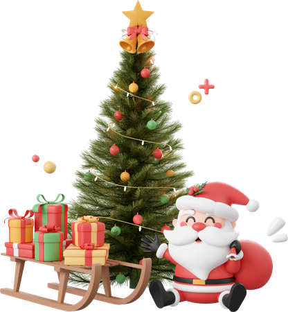 Santa Claus And Christmas Gift On Sleigh With Christmas Tree  3D Icon