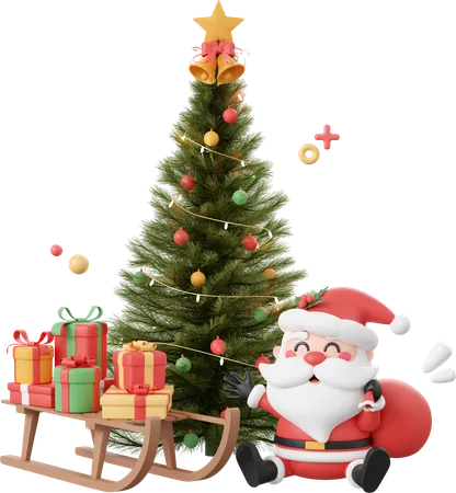 Santa Claus And Christmas Gift On Sleigh With Christmas Tree  3D Icon