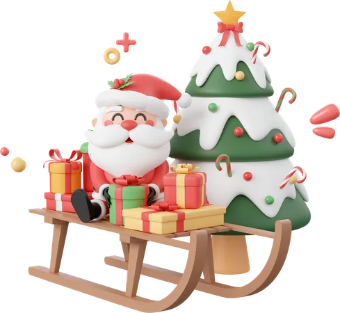 Santa Claus And Christmas Gift On Sleigh With Christmas Tree Christmas Theme Elements 3 D Illustration 3D Icon