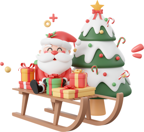 Santa Claus And Christmas Gift On Sleigh With Christmas Tree  3D Icon