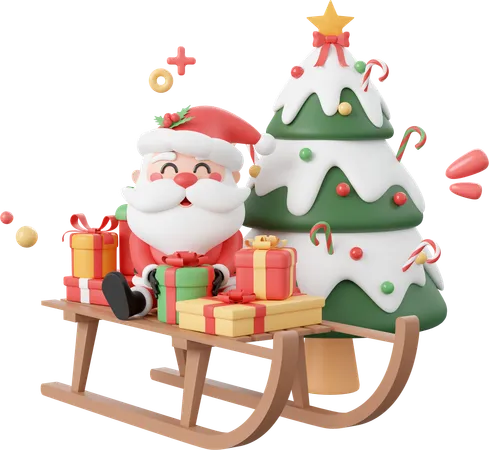 Santa Claus And Christmas Gift On Sleigh With Christmas Tree  3D Icon