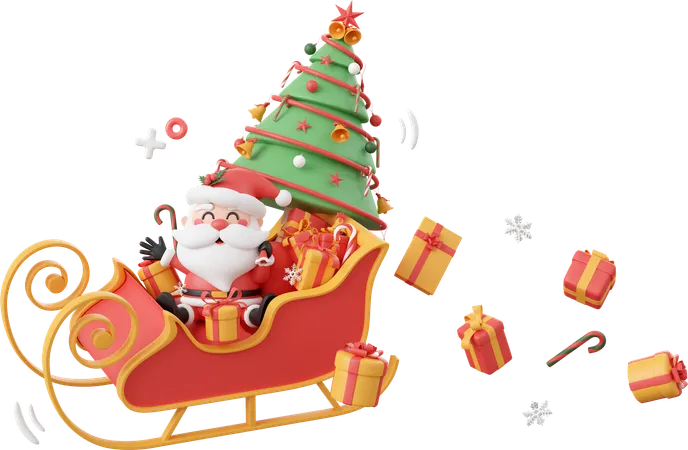 Santa Claus And Christmas Tree And Gift On Sleigh  3D Icon