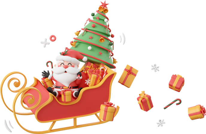 Santa Claus And Christmas Tree And Gift On Sleigh  3D Icon