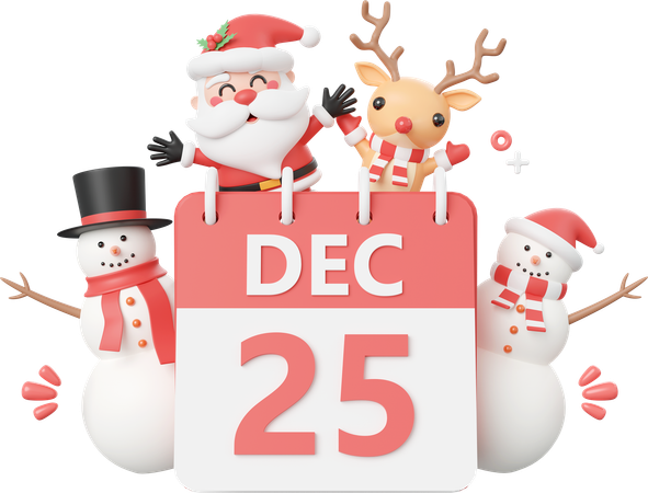 Santa Claus And Friend With 25 Dec Calendar  3D Icon
