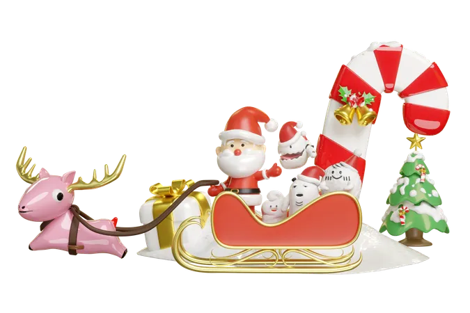 Santa Claus And Monster Friends  3D Illustration