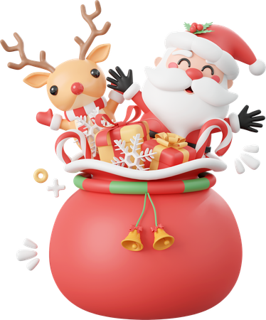 Santa Claus And Reindeer With Christmas Gift Bag  3D Icon