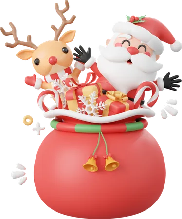 Santa Claus And Reindeer With Christmas Gift Bag  3D Icon