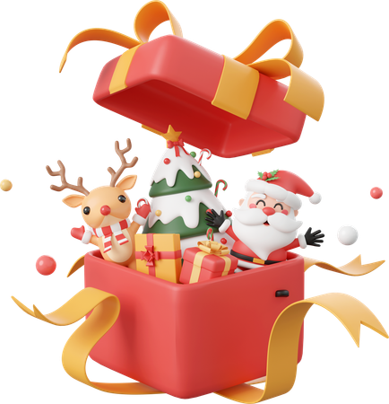 Santa Claus And Reindeer With Decorations In Opened Gift Box  3D Icon
