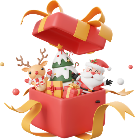 Santa Claus And Reindeer With Decorations In Opened Gift Box  3D Icon