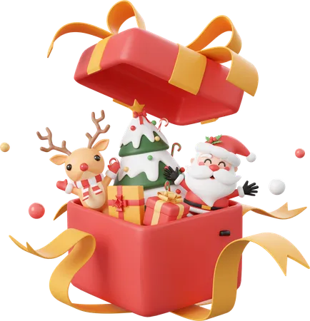 Santa Claus And Reindeer With Decorations In Opened Gift Box Christmas Theme Elements 3 D Illustration 3D Icon