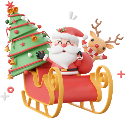 Santa Claus And Reindeer With Sleigh  3D Icon