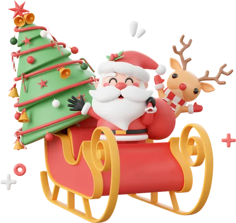 Cute Santa Claus And Reindeer With Sleigh And Christmas Tree Christmas Theme Elements 3 D Illustration 3D Icon